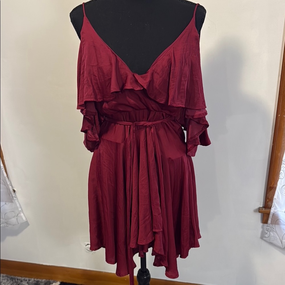 L'ATISTE Wine Red Asymmetrical Ruffled Sundress